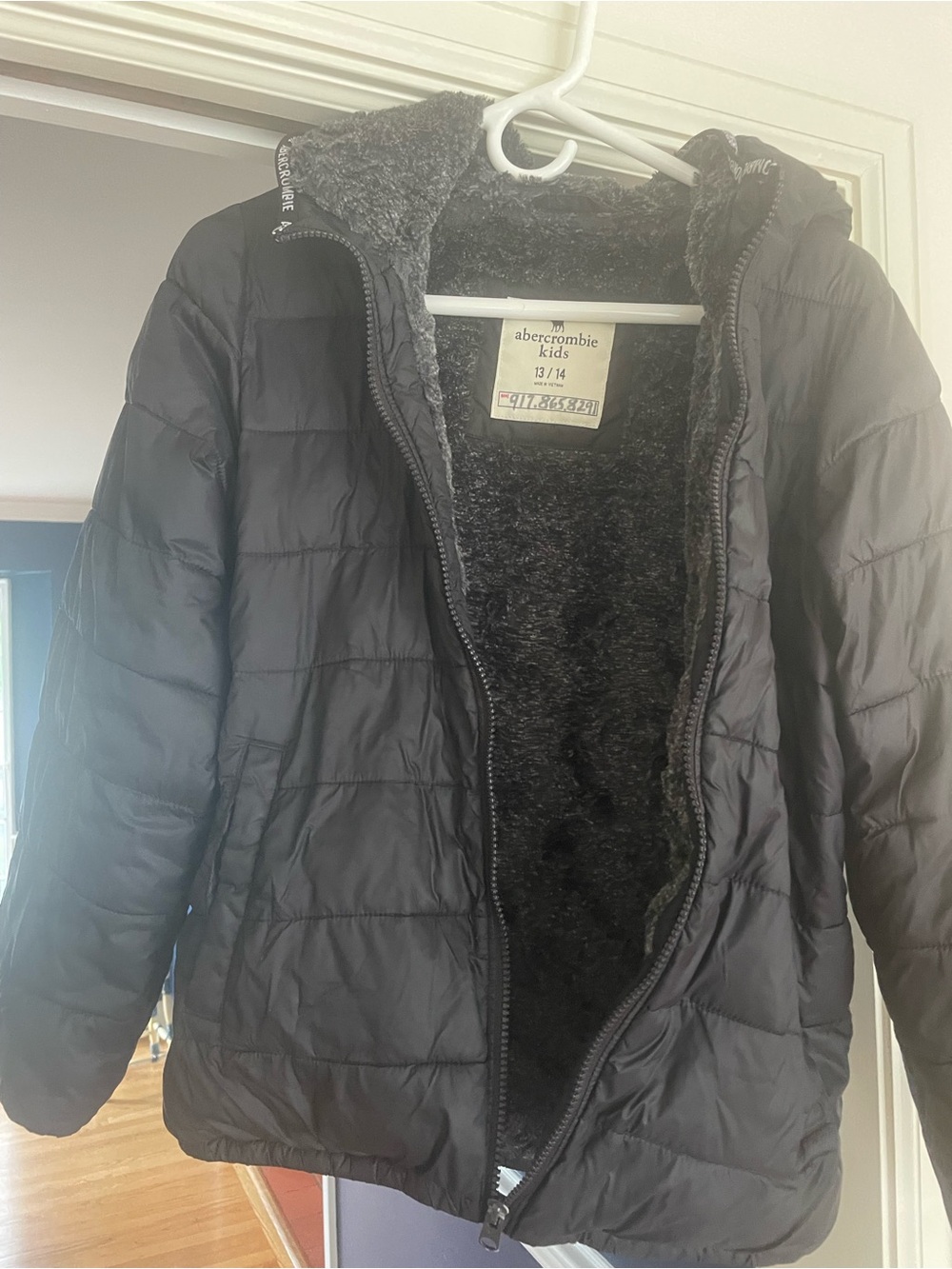 Abercrombie & Fitch Kids Black Quilted Puffer with Faux Fur Hood